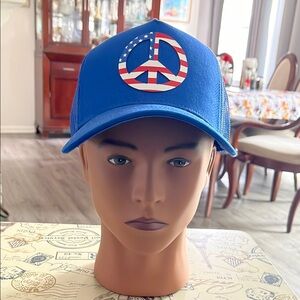 Patriotic Blue Trucker Hat with Peace Sign